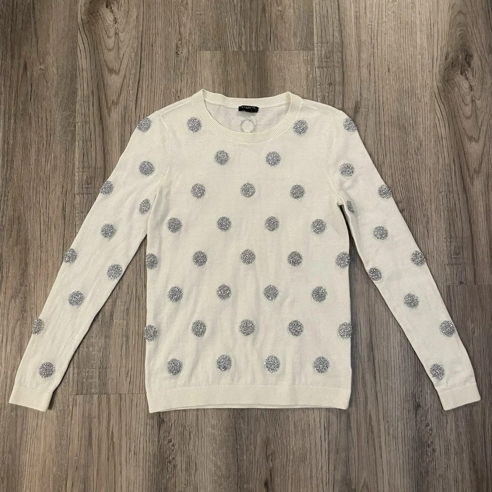 EUC Talbots Cream Sweater with Silver,Shiny Polka Dot w/Long Sleeves Scoop Neck - Picture 10 of 11